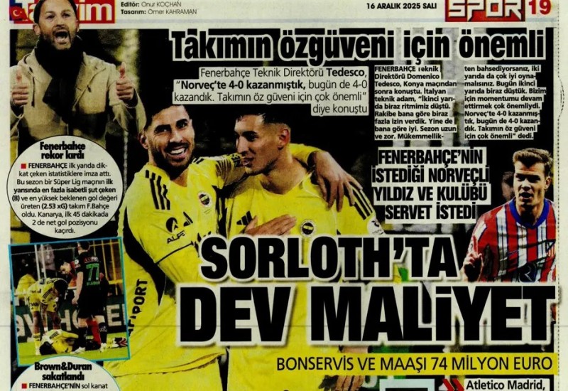 16 Aralık 2025 – Gazetelerde FENERBAHÇE